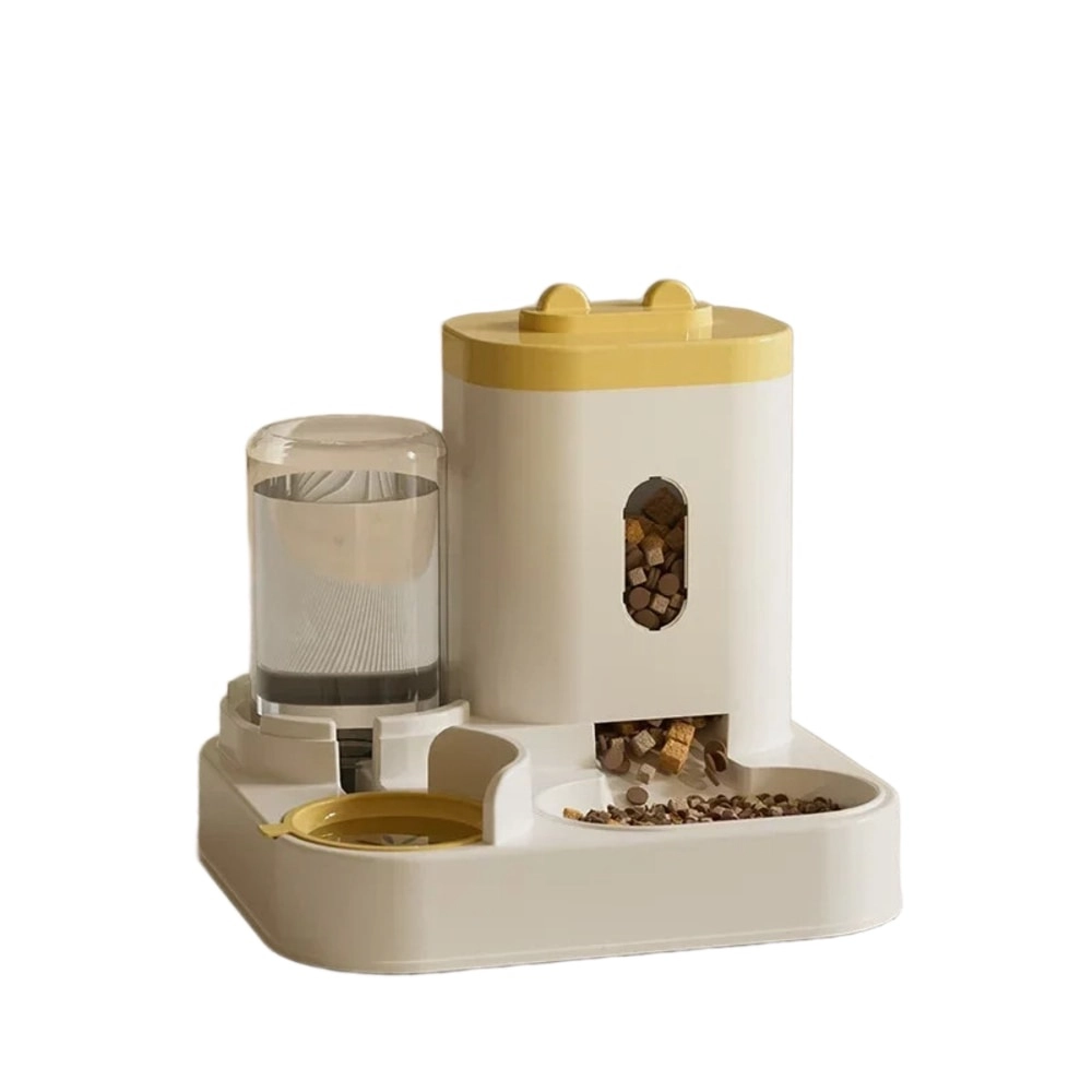 Version coloris jaune du distributeur combiné eau et croquettes pour chat, fond blanc