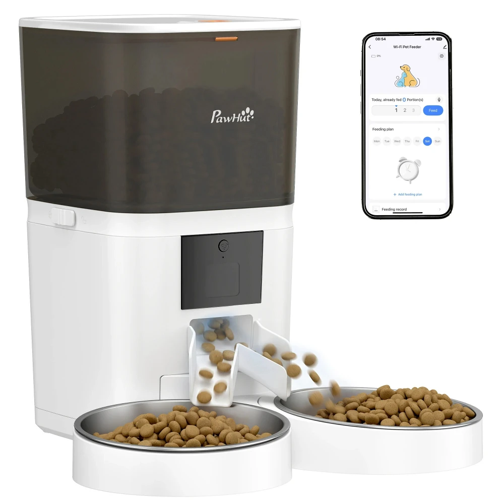Distributeur croquette PawHut connecté Wi-Fi avec deux gamelles inox et application smartphone