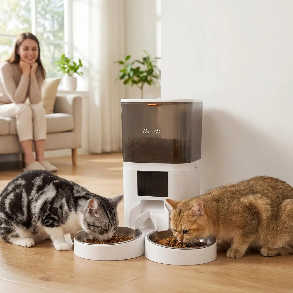 Deux chats mangeant dans les gamelles du distributeur automatique PawHut dans un salon