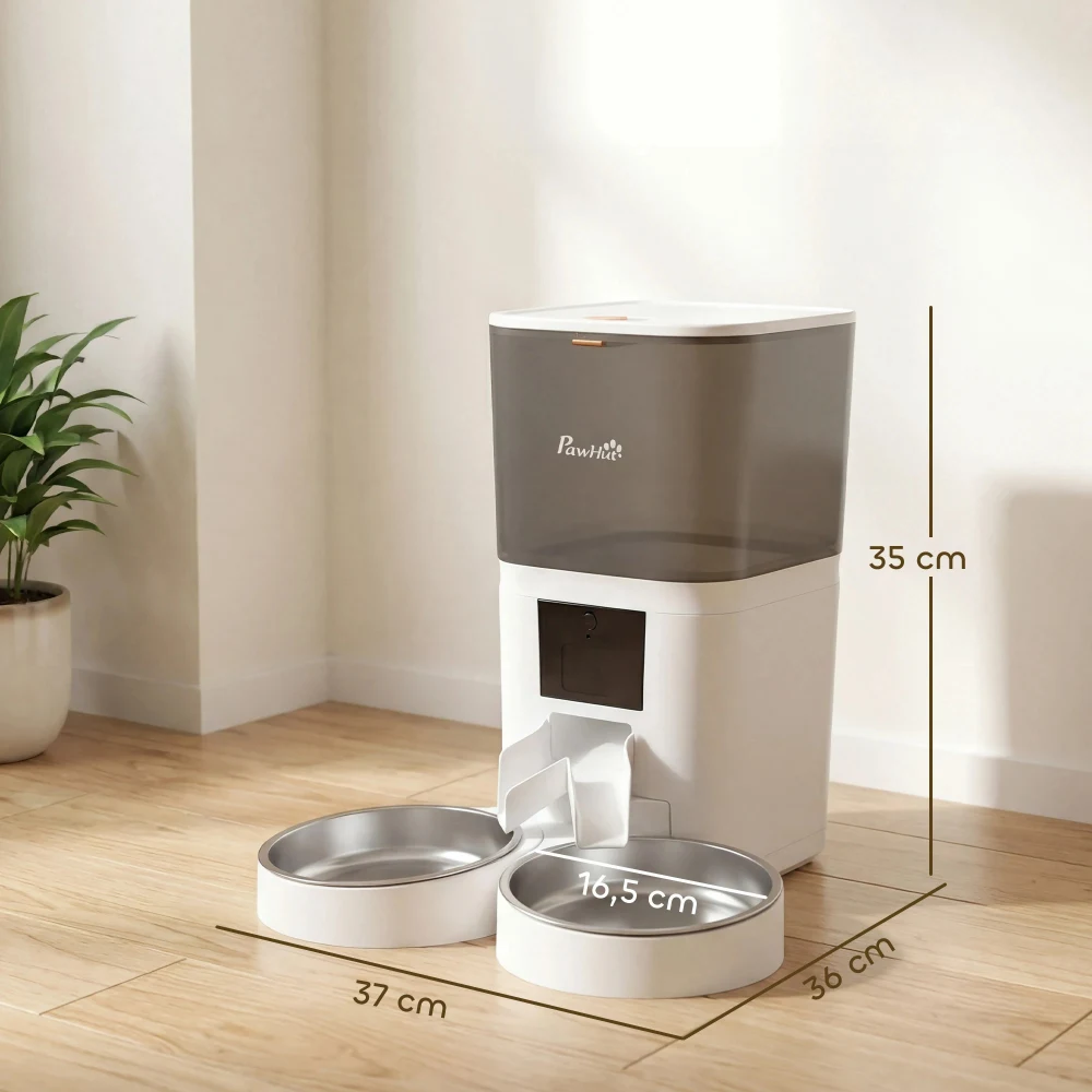 Dimensions du distributeur croquette PawHut : 37x36x35 cm avec gamelles 16,5 cm