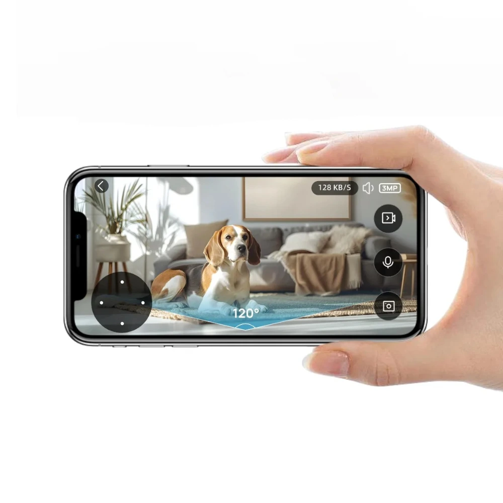 Application mobile affichant la vue caméra en direct d'un chien dans un salon, angle 120 degrés