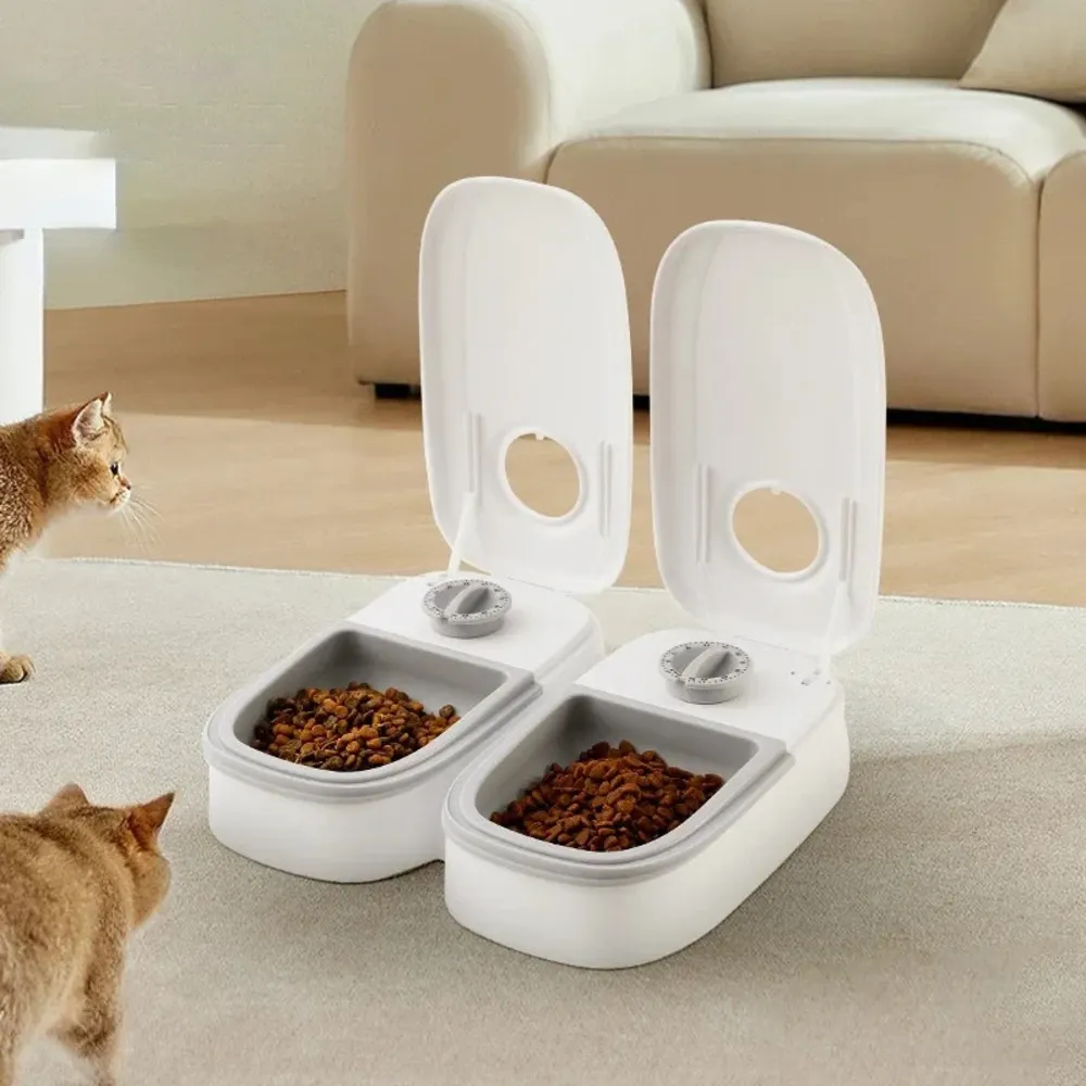 Deux distributeurs croquette automatiques ouverts avec nourriture, chat observant en arrière-plan