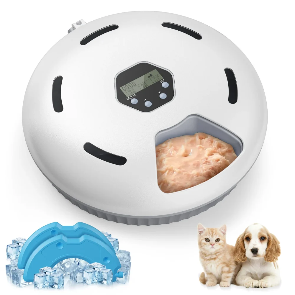 Distributeur automatique humide chat blanc 6 compartiments avec écran LCD et pack de glace