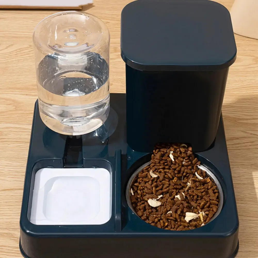 Distributeur double gamelle inox chat avec réservoir eau transparent et bac croquettes bleu