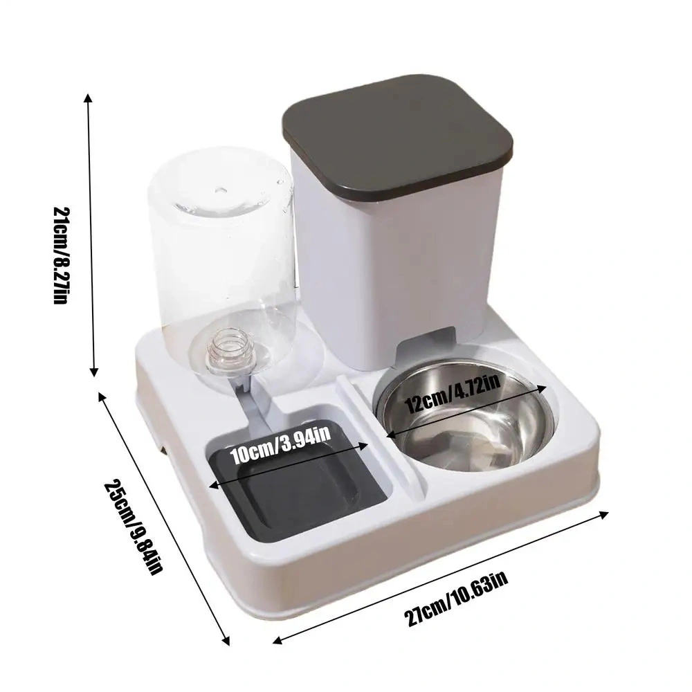 Dimensions du distributeur blanc chat, 27 cm de large, 25 cm de profondeur, 21 cm de hauteur