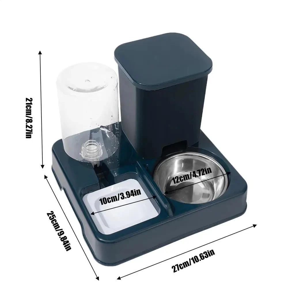 Dimensions du distributeur bleu chat avec gamelle inox 12 cm et bac eau 10 cm