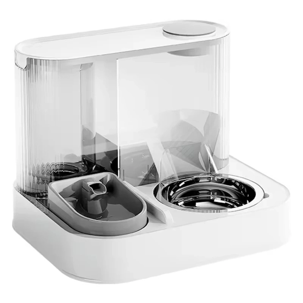 Distributeur croquettes et fontaine eau chat inox fond blanc vue avant sans contenu