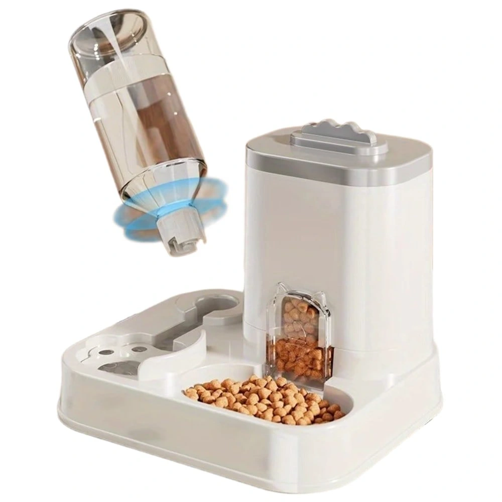 Distributeur automatique chat blanc bouteille eau dévissable et gamelle croquettes vue latérale