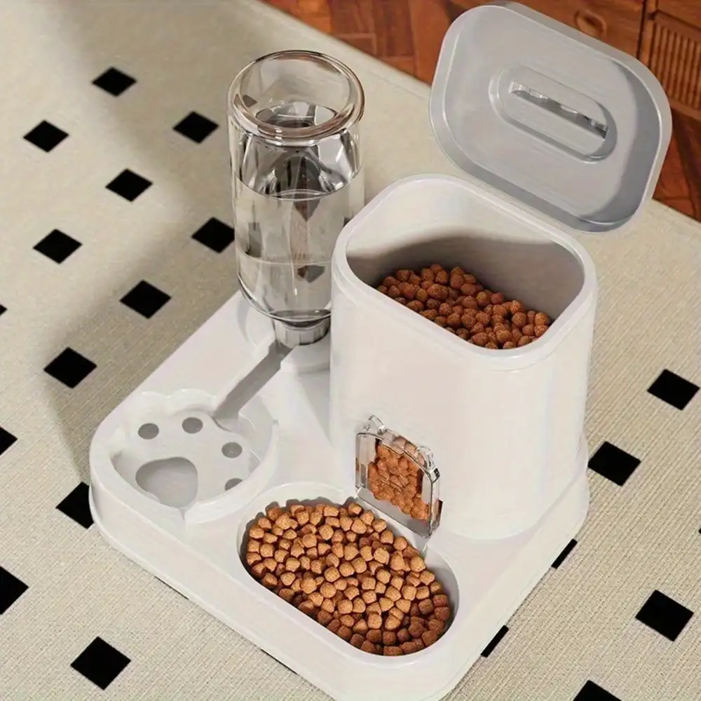 Distributeur combiné chat blanc deux gamelles amovibles croquettes et eau bouteille gravité ouvert