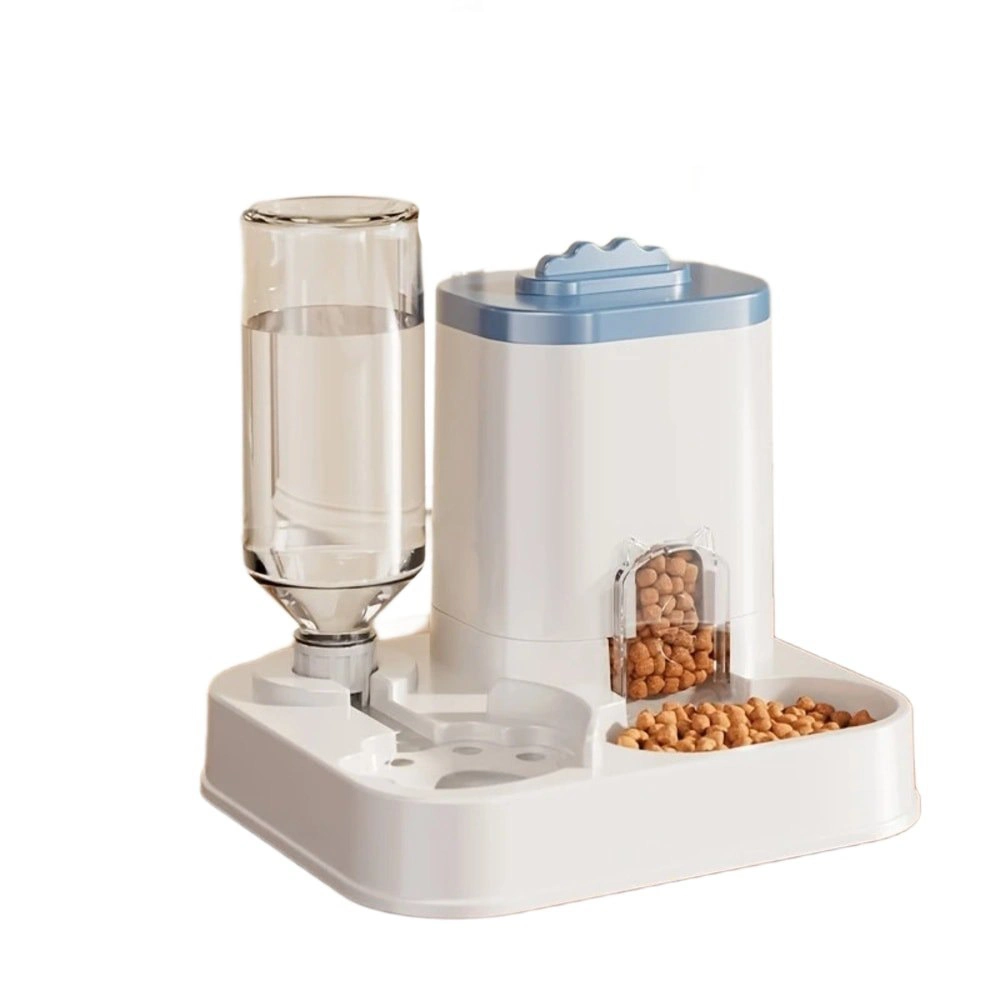 Distributeur croquette et eau chat coloris bleu bouteille transparente gamelle croquettes fond blanc