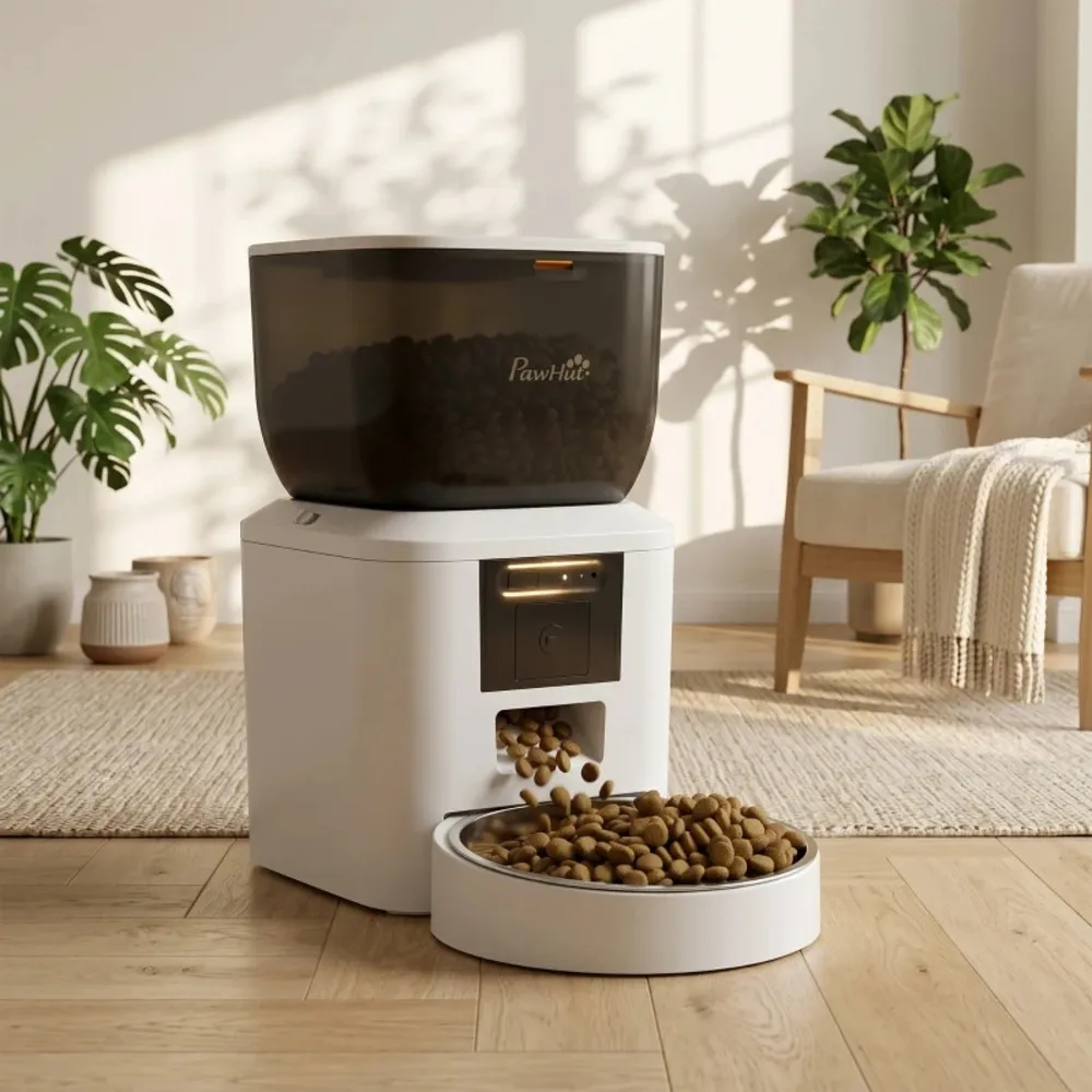 Distributeur automatique PawHut dispensant des croquettes dans une gamelle inox en salon
