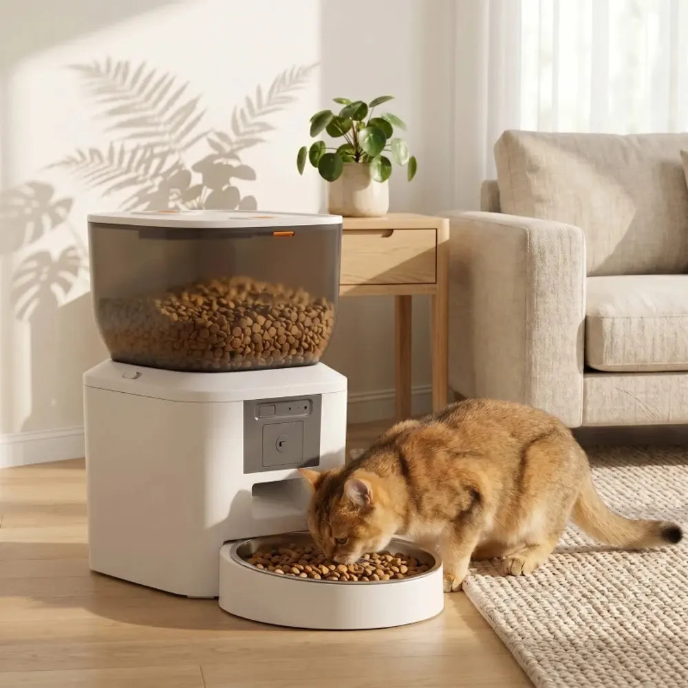 Chat roux mangeant dans la gamelle d'un distributeur croquette automatique connecté PawHut
