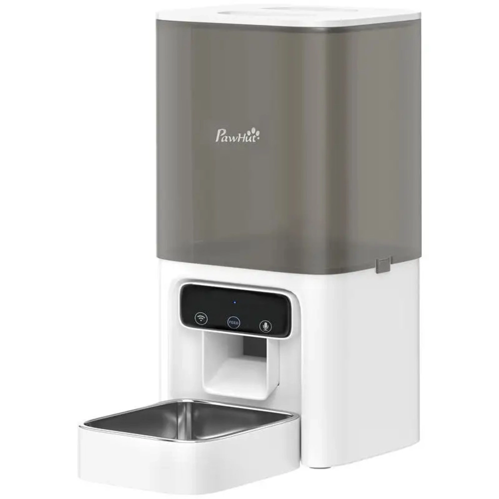 Distributeur automatique croquettes PawHut blanc vue de face avec gamelle inox vide