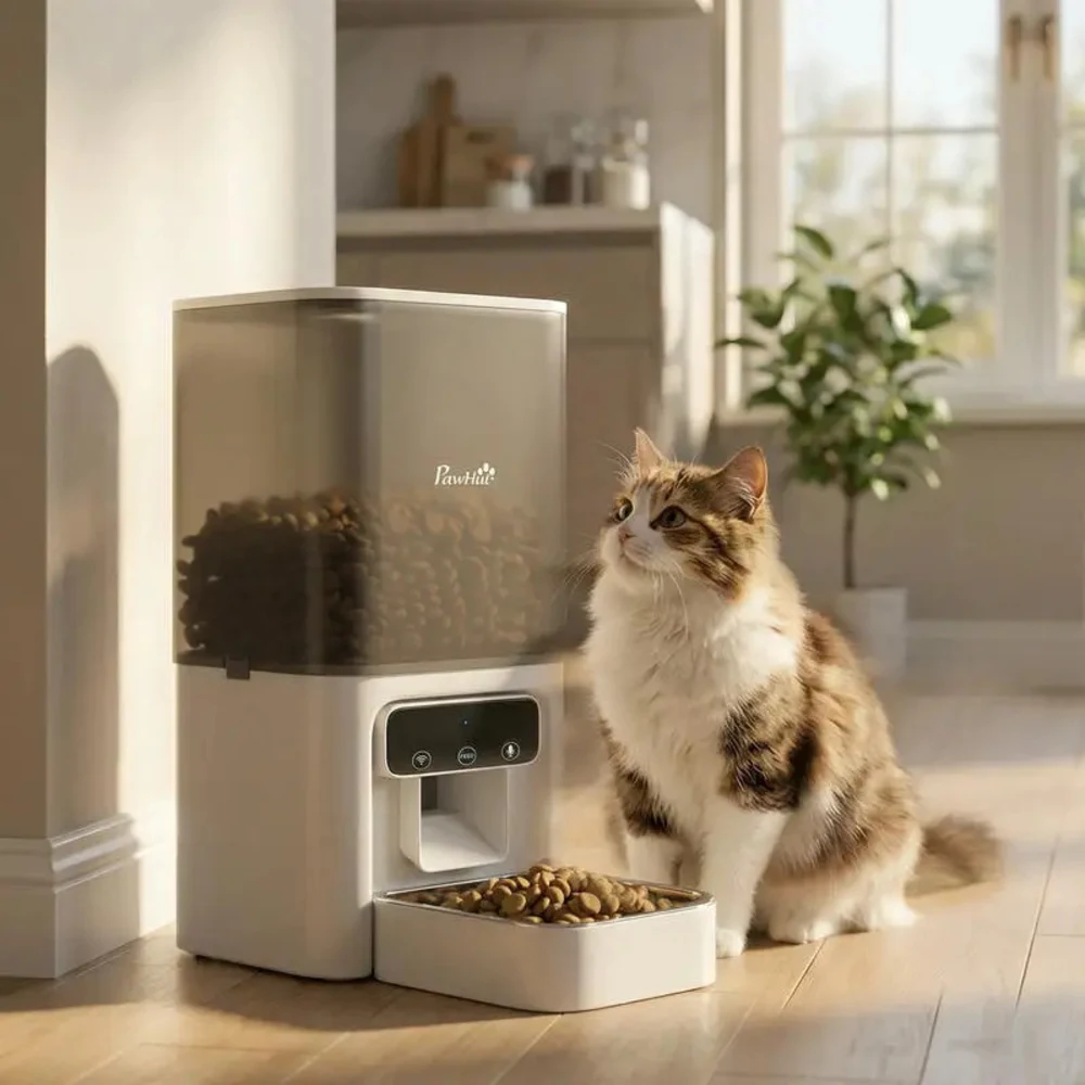 Distributeur croquettes PawHut posé au sol dans cuisine lumineuse avec chat tigré assis à côté