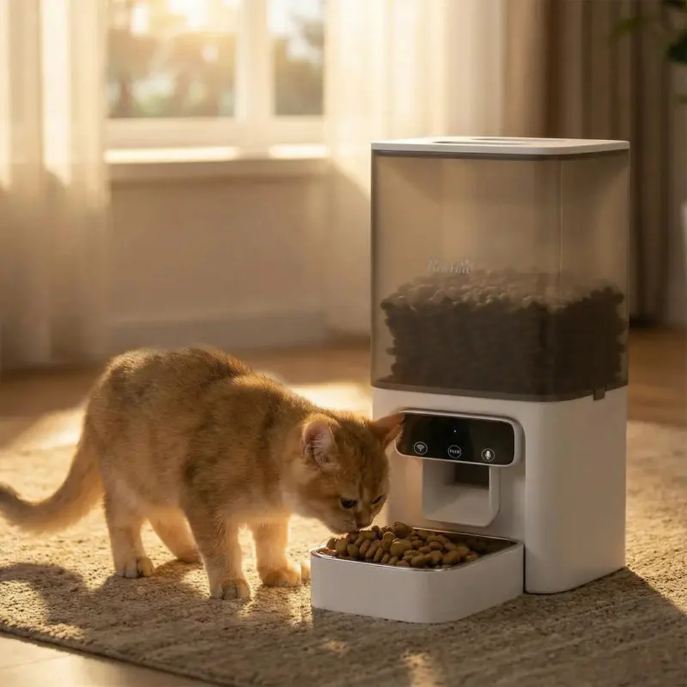 Chaton roux en train de manger des croquettes dans la gamelle du distributeur automatique PawHut
