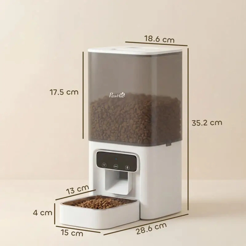 Distributeur croquettes PawHut avec dimensions annotées, vue de profil sur fond beige clair