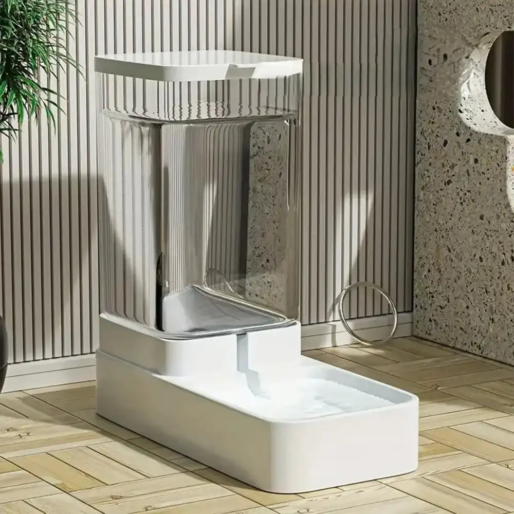 Distributeur eau automatique pour chien seul, réservoir transparent vide, gamelle blanche au sol