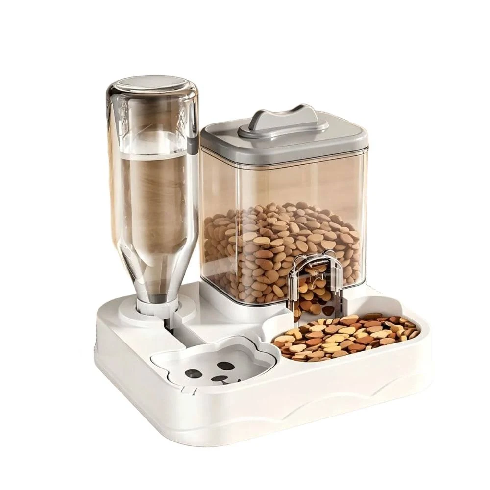 Distributeur automatique eau et croquettes chat chien coloris gris base blanche bol intégré