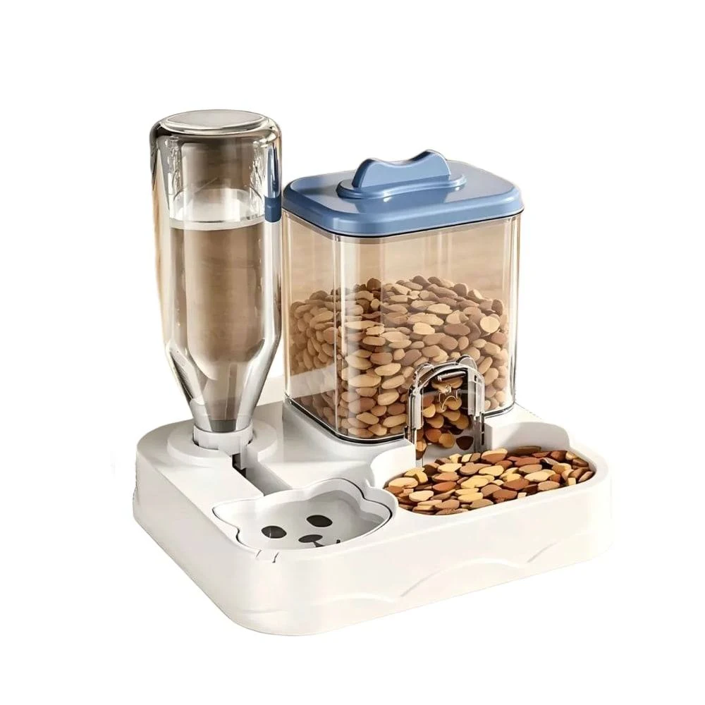 Distributeur eau croquettes automatique pour animaux coloris bleu réservoir transparent gravité