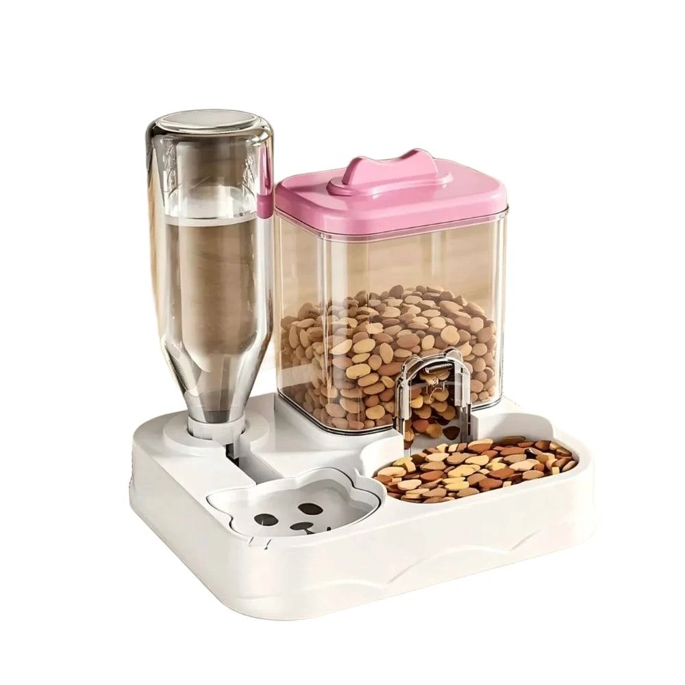 Nourrisseur automatique chat chien avec réservoir eau et bac croquettes coloris rose