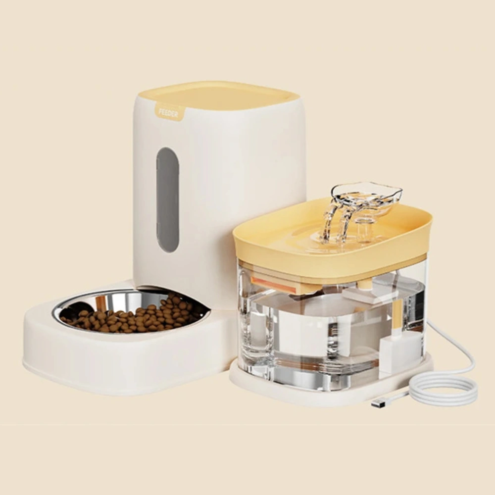 Distributeur croquette chat coloris jaune avec fontaine eau et gamelle inox sur fond crème