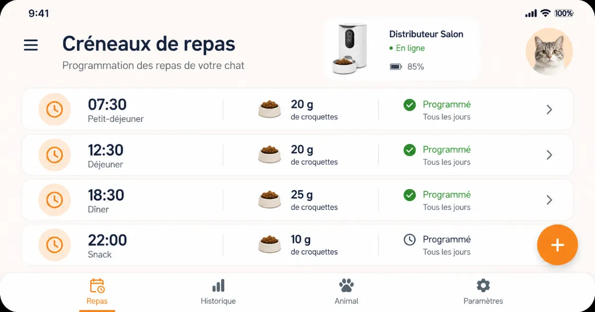 Application mobile d'un distributeur automatique chat affichant la programmation des repas