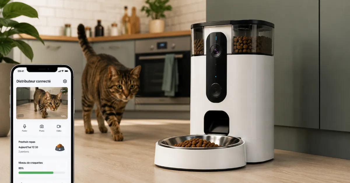 Distributeur automatique caméra inox pour chat posé sur un plan de travail
