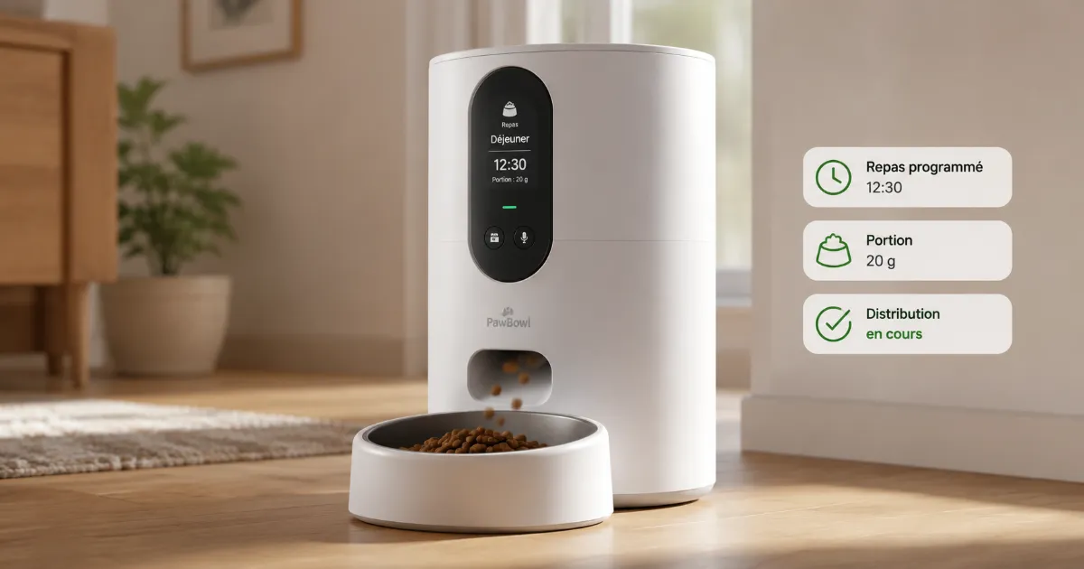 Distributeur croquette programmable libérant une portion calibrée pour un chat