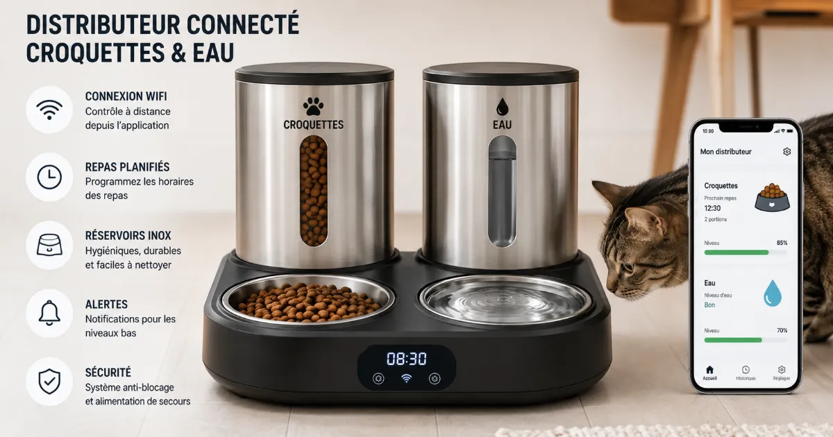 Distributeur croquette et eau connecté inox avec double réservoir