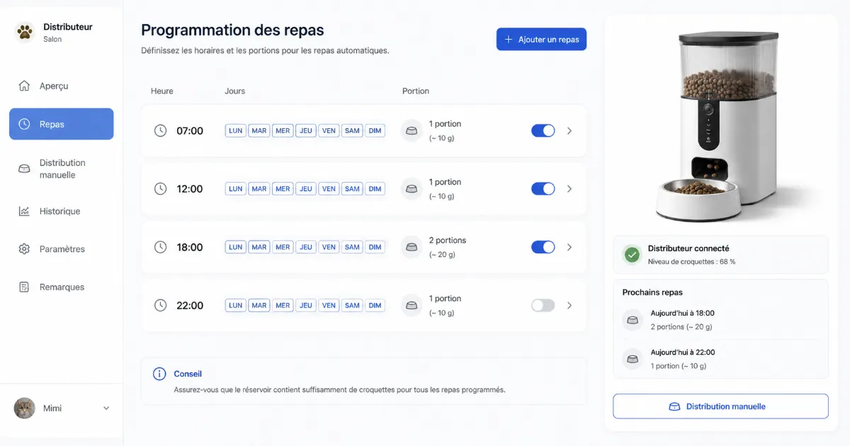 Interface de programmation d'un distributeur automatique de croquettes pour chat