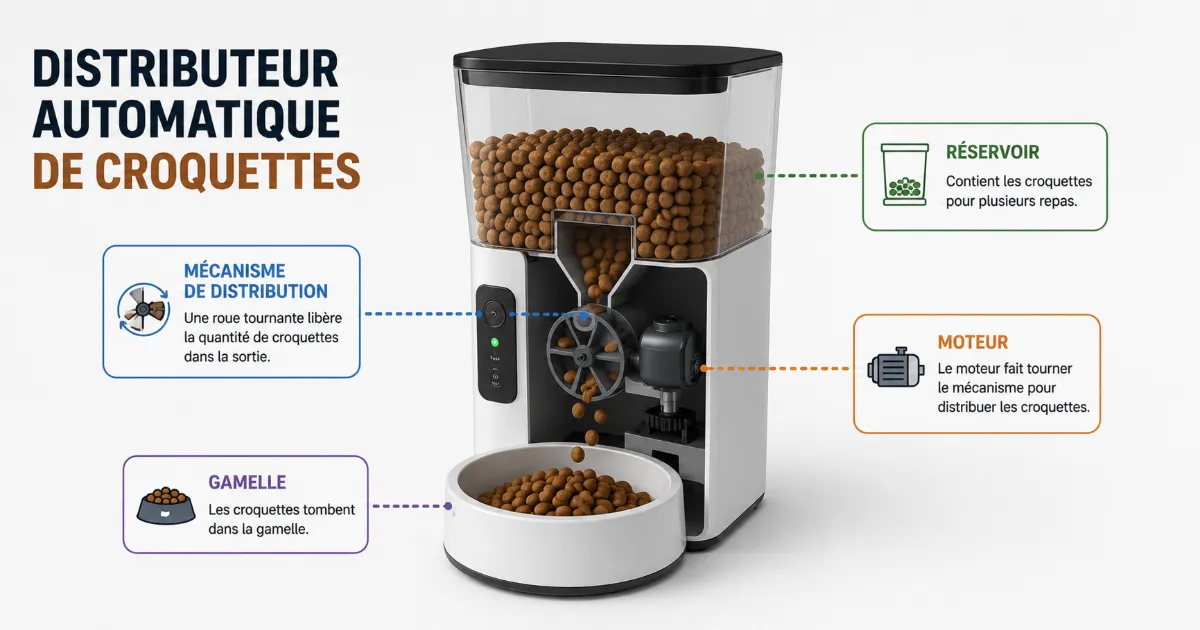 Schéma du mécanisme d'un distributeur automatique de croquettes pour chat