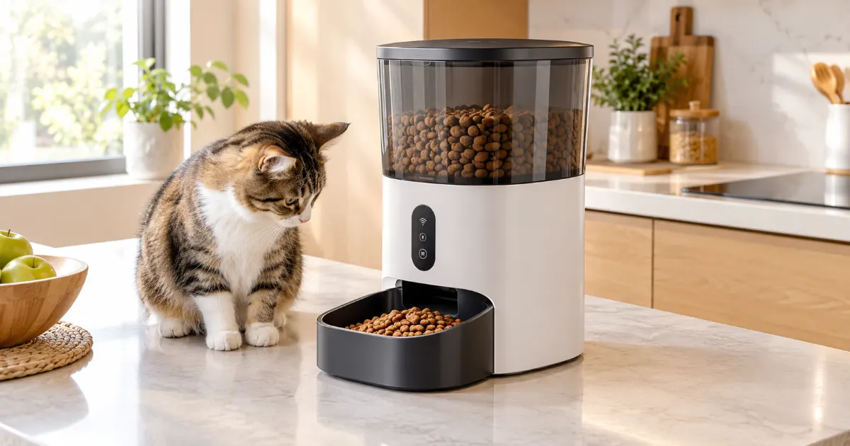 Distributeur automatique de croquettes pour chat installé en hauteur sur un plan de travail