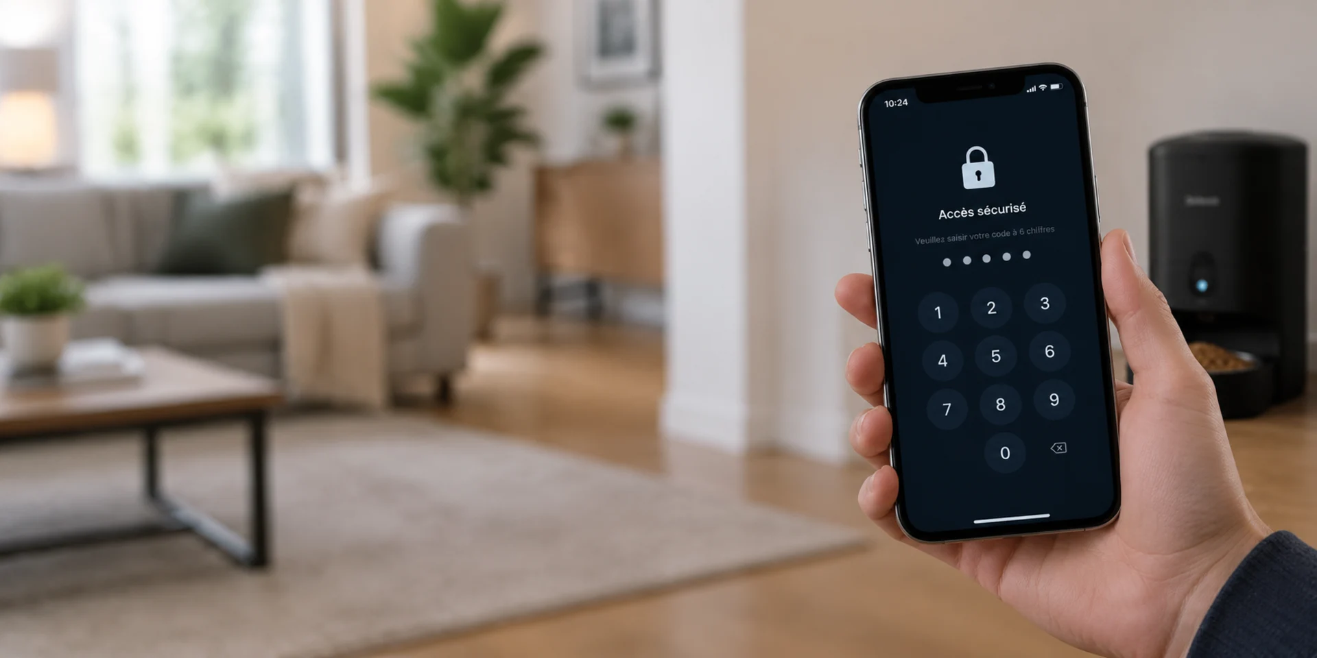 Smartphone avec écran d'accès sécurisé et cadenas devant un salon, distributeur connecté en arrière-plan