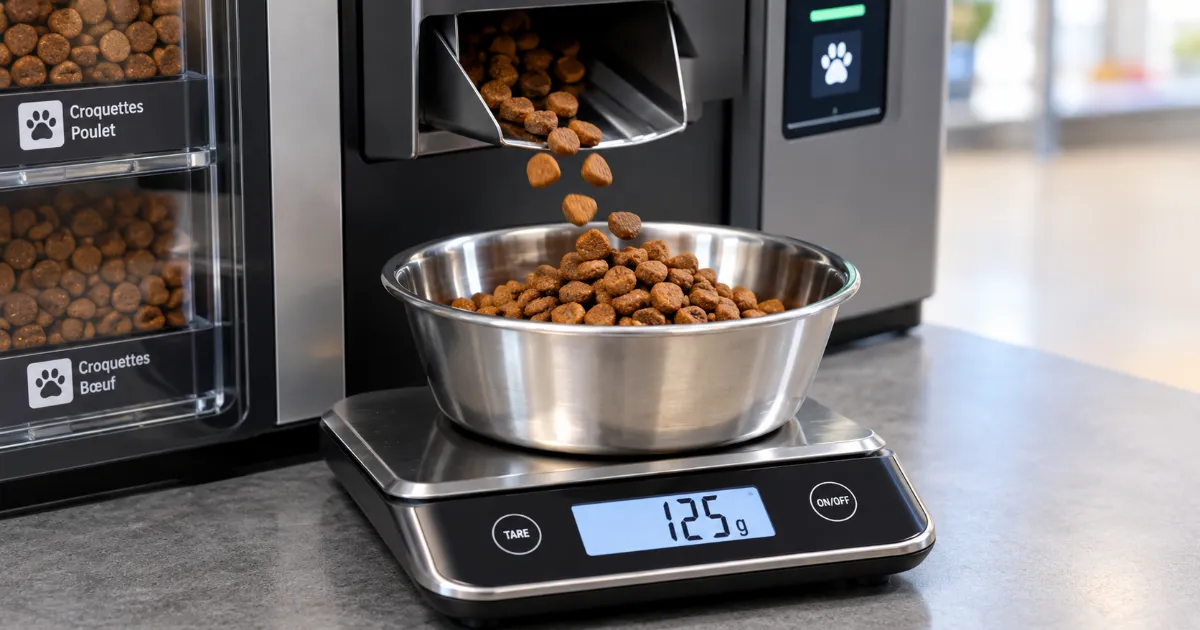 Balance de cuisine pesant cinq portions de croquettes distribuées par un distributeur automatique