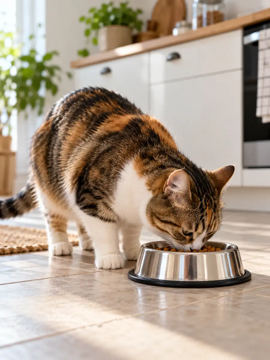 Chat adulte mangeant ses croquettes dans une gamelle en inox