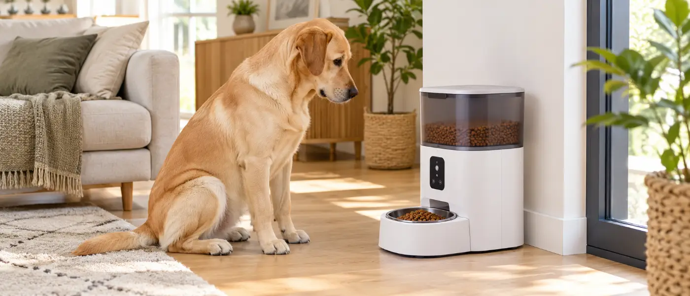 Chien attendant son repas près de son distributeur automatique