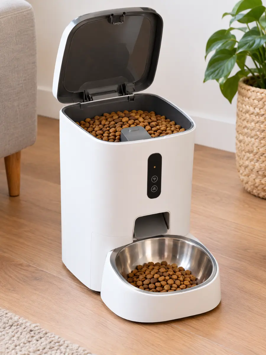Distributeur automatique de croquettes ouvert, montrant le réservoir et la gamelle