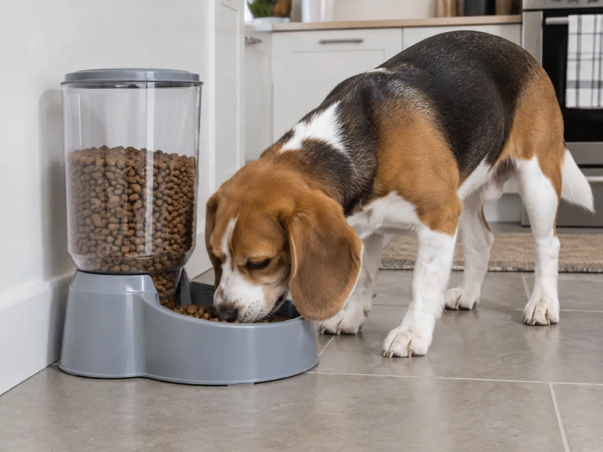 Beagle qui mange dans un distributeur de croquettes à gravité transparent
