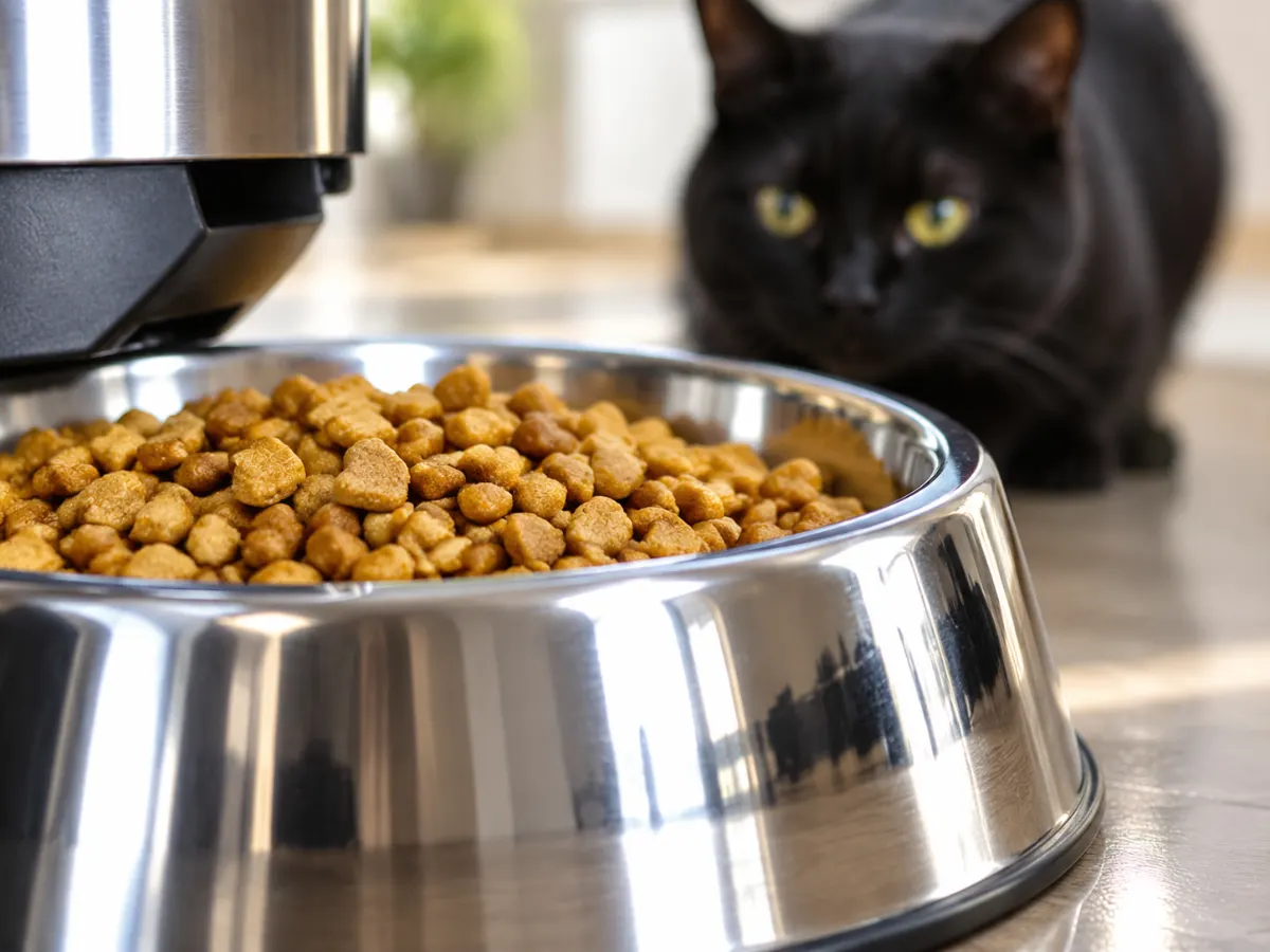Gros plan sur une gamelle en acier inoxydable remplie de croquettes, chat noir derrière