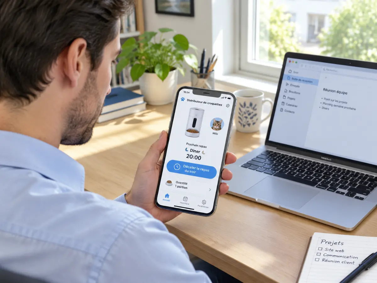 Homme à son bureau qui programme le repas de son chat depuis l'application d'un distributeur connecté