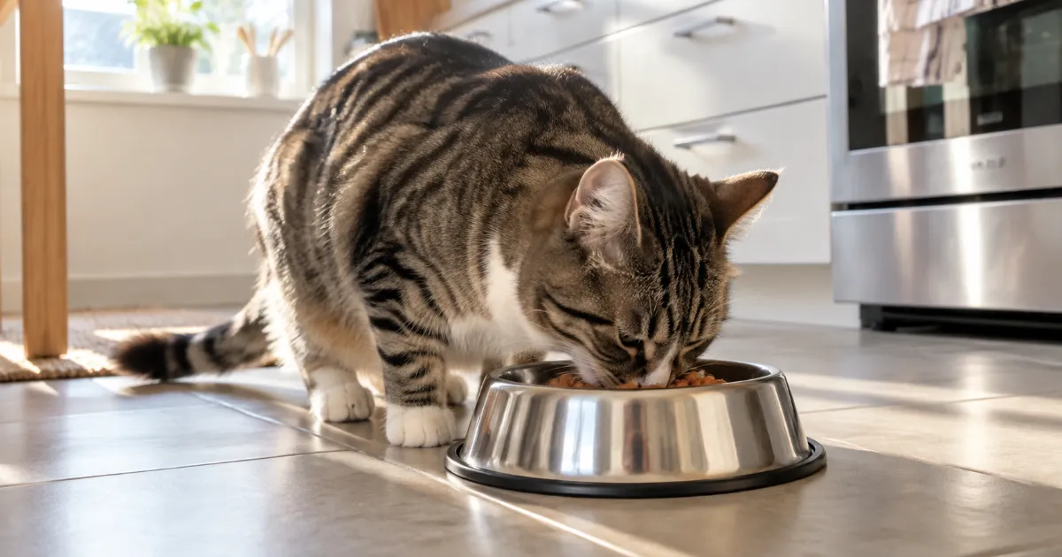 Chat adulte mangeant ses croquettes dans une gamelle en inox au moment du repas du matin