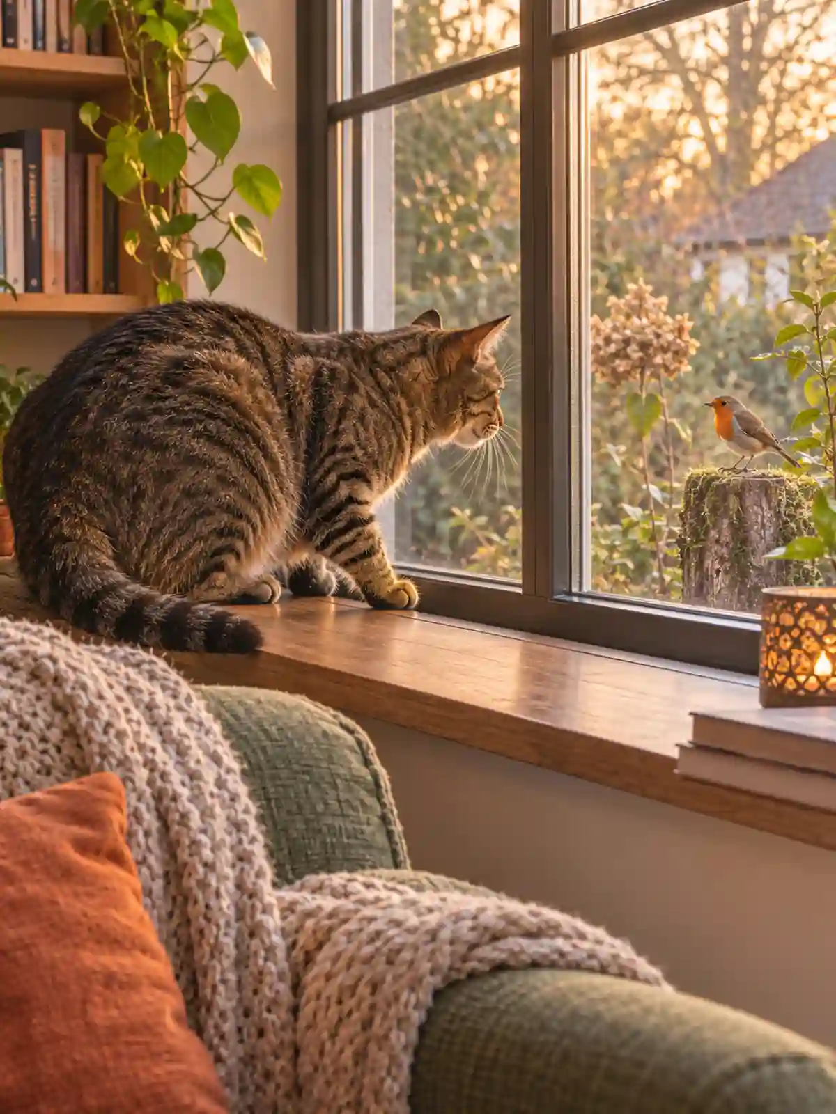 Chat tigré sur le rebord d'une fenêtre qui observe un rouge-gorge dans le jardin