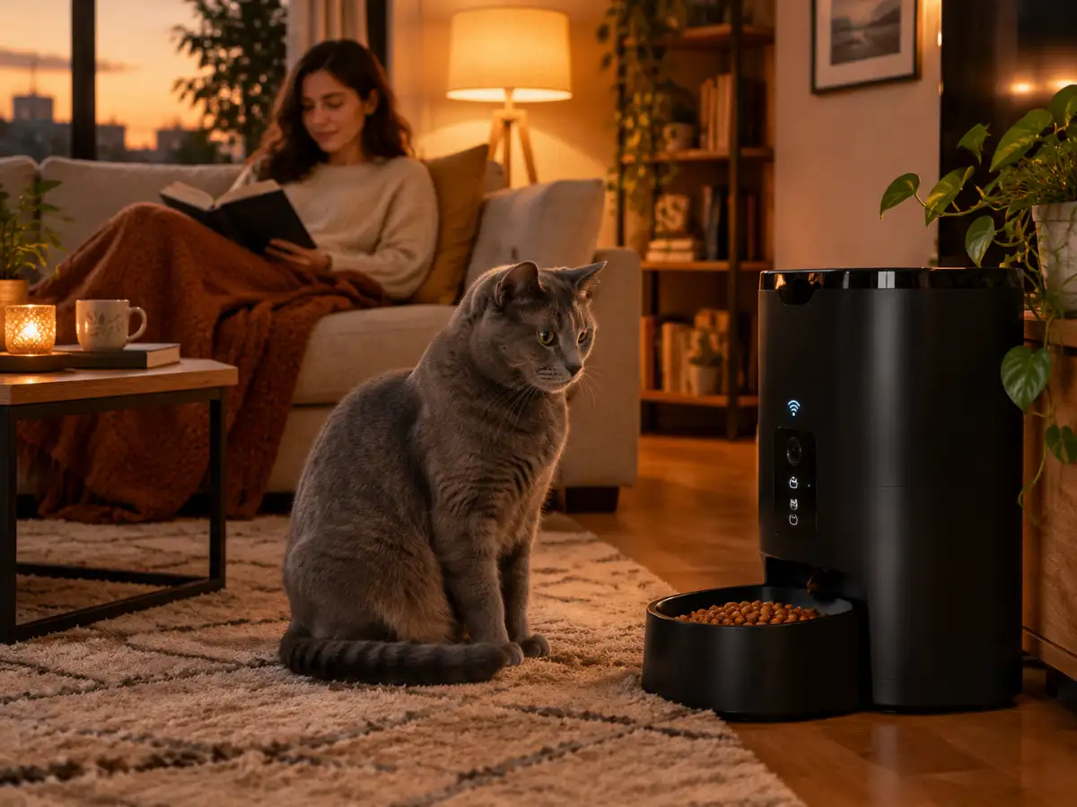 Chat gris assis devant un distributeur de croquettes connecté noir, femme qui lit sur le canapé en fin de journée