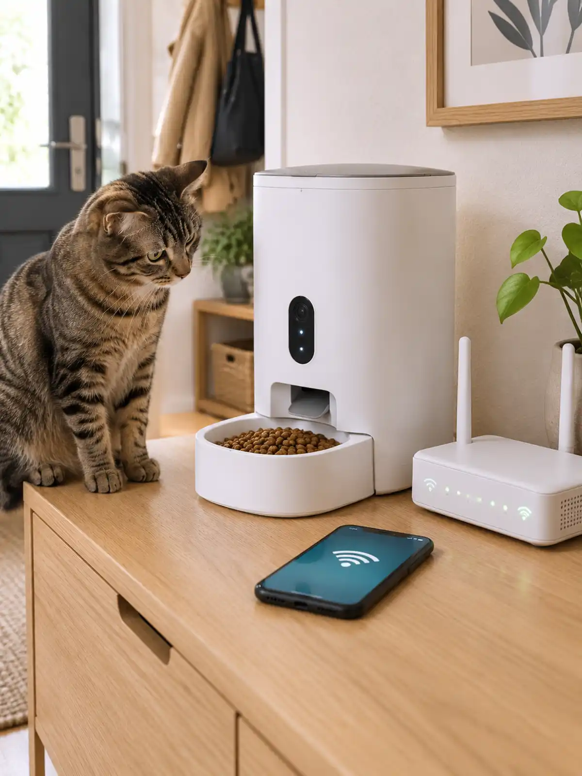 Chat tigré qui observe un distributeur de croquettes connecté posé sur un meuble, à côté d'une box internet et d'un smartphone