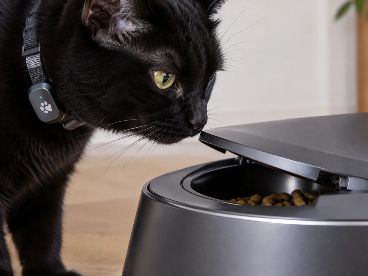 Chat noir avec collier à puce qui renifle la trappe d'un distributeur de croquettes
