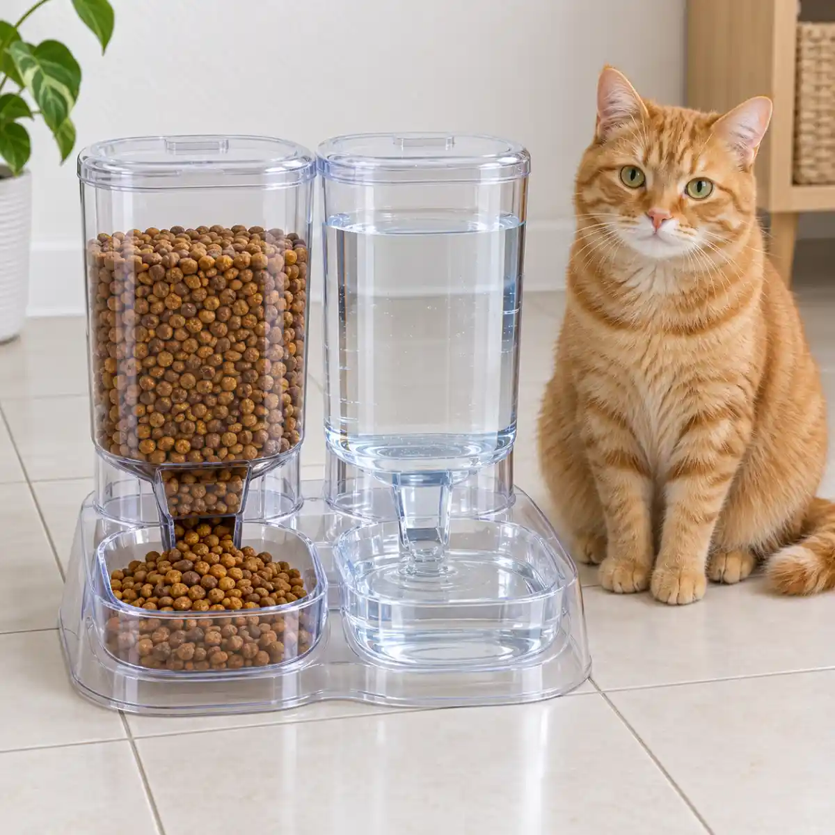 Chat roux assis à côté d'une station gravitaire transparente avec un réservoir de croquettes et un réservoir d'eau