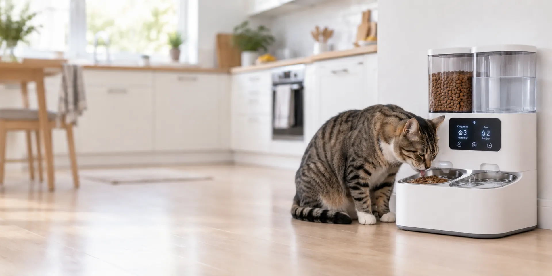 Chat tabby qui boit à une station croquettes et eau automatique dans une cuisine claire