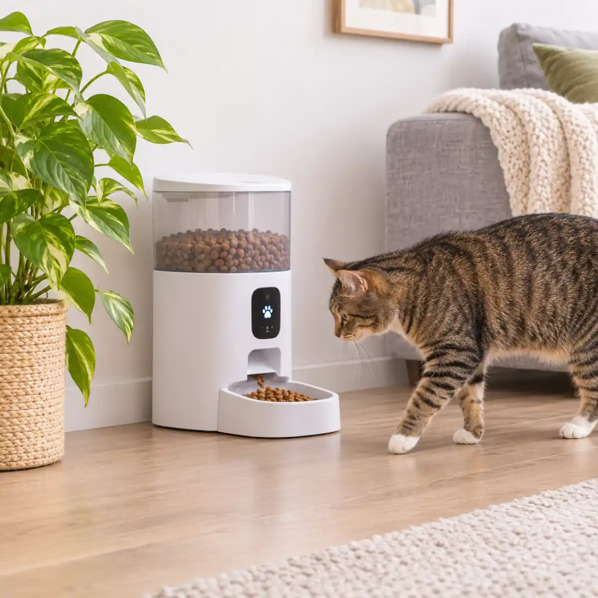 Chat tigré qui s'approche d'un distributeur de croquettes blanc dans un salon