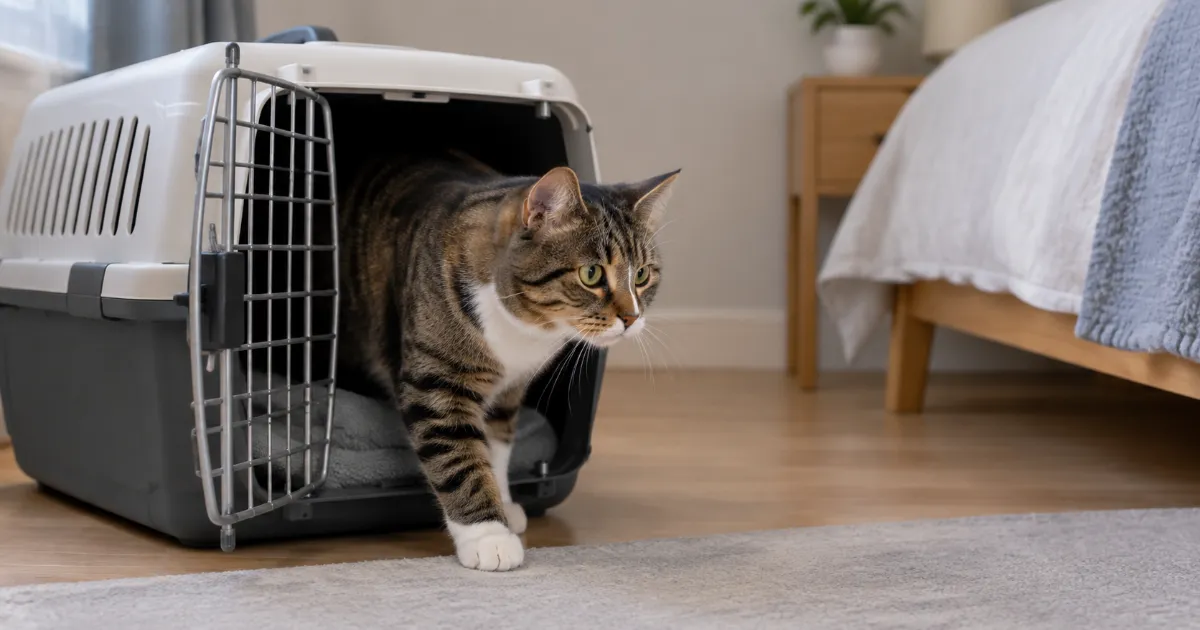 Chat sortant d'une caisse de transport dans la pièce refuge d'un appartement 