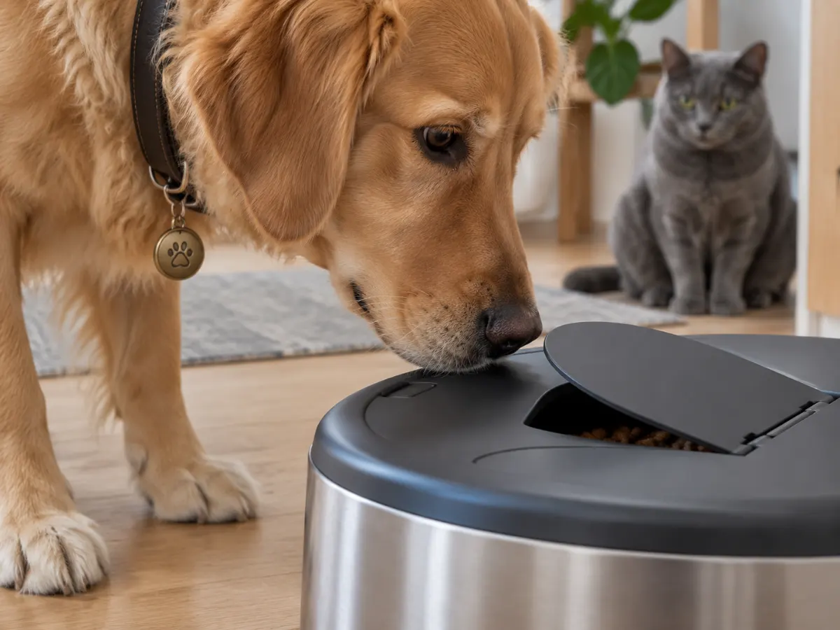 Chien avec médaillon au collier qui renifle la trappe d'une gamelle, chat gris en arrière-plan